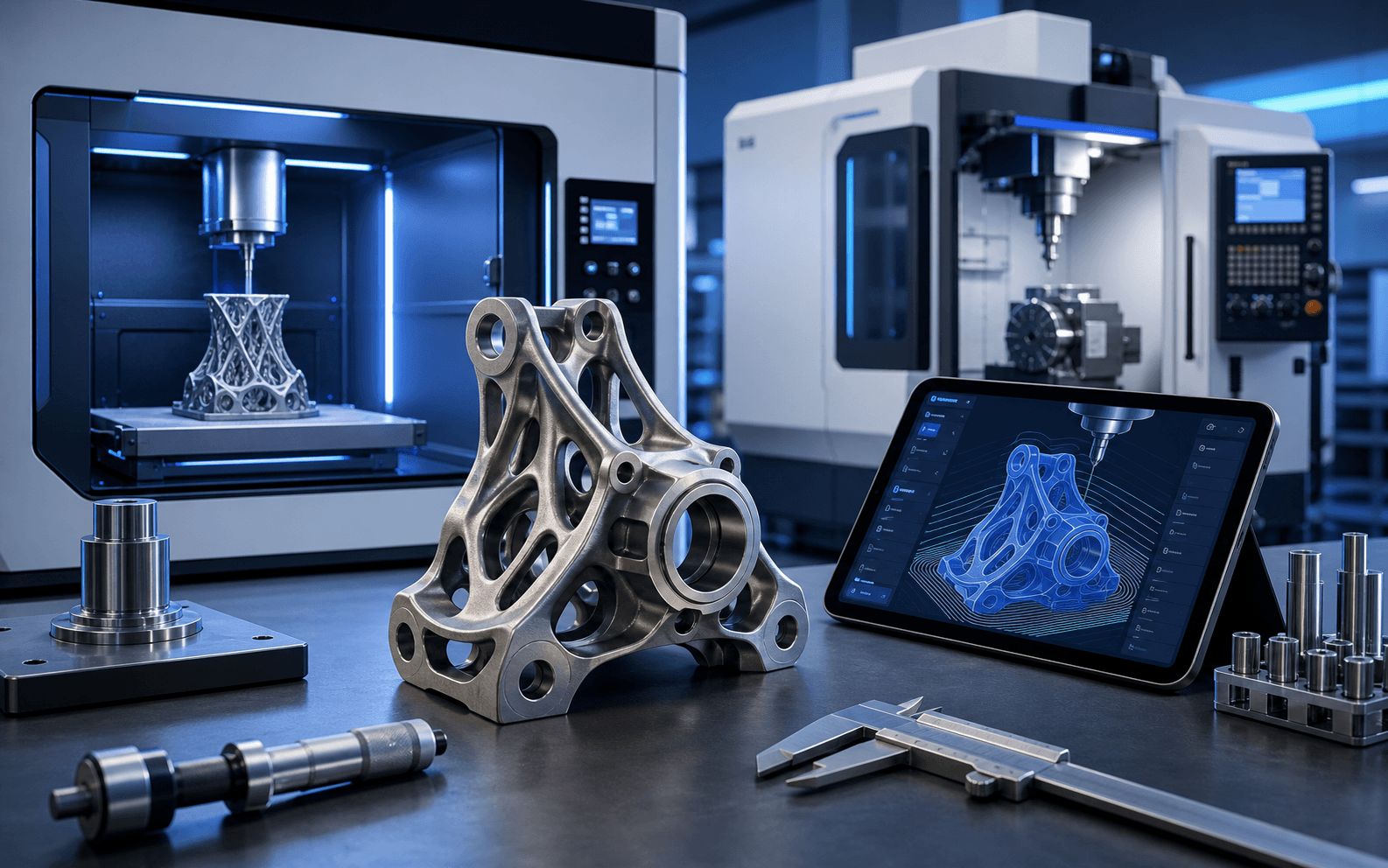 Metal3D.ai concept showing metal 3D printing, CNC machining, and precision metal parts
