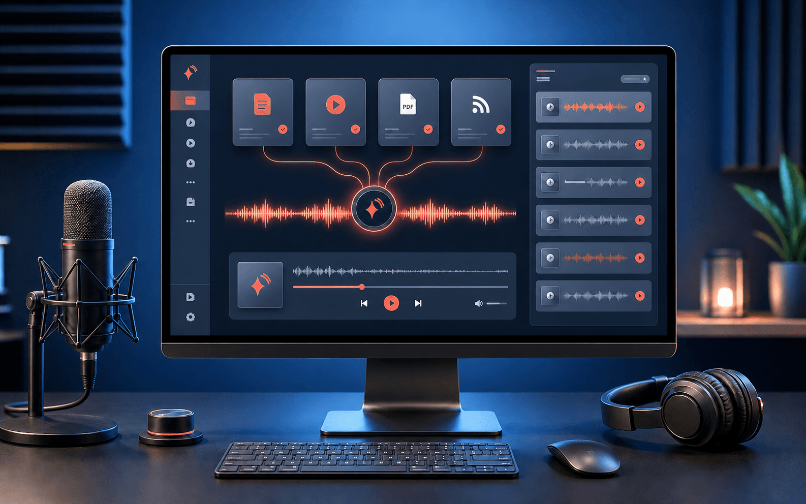 StarCast.ai concept showing articles, PDFs, videos, and RSS feeds becoming a private podcast