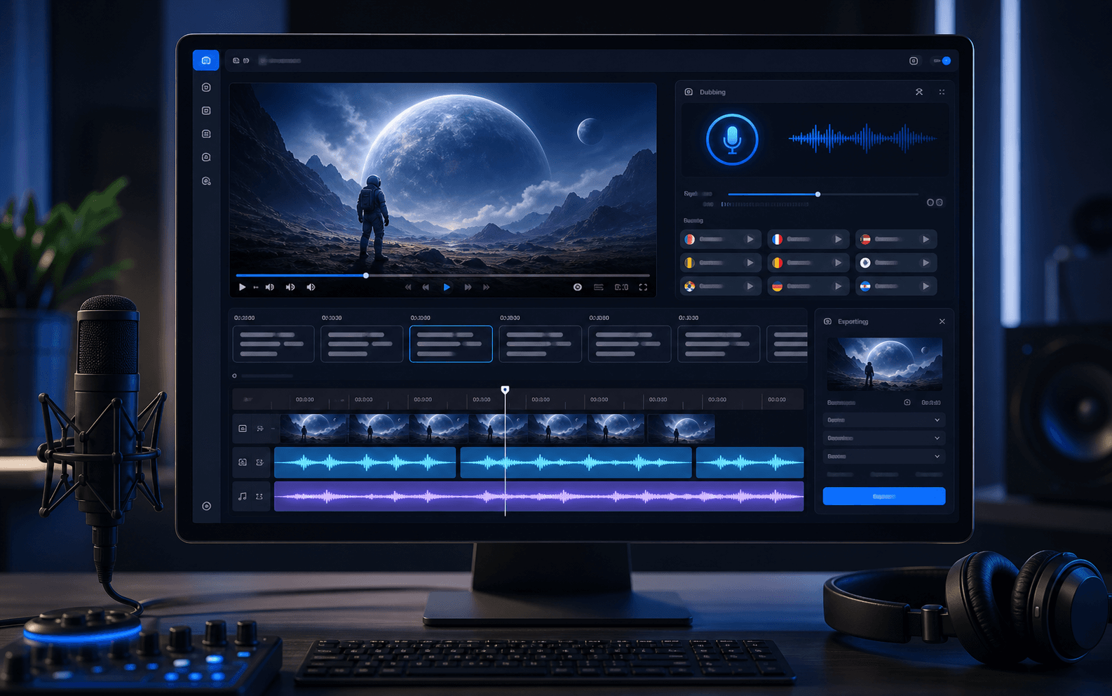 Vidster.ai concept showing video dubbing, waveform, and subtitle editing tools