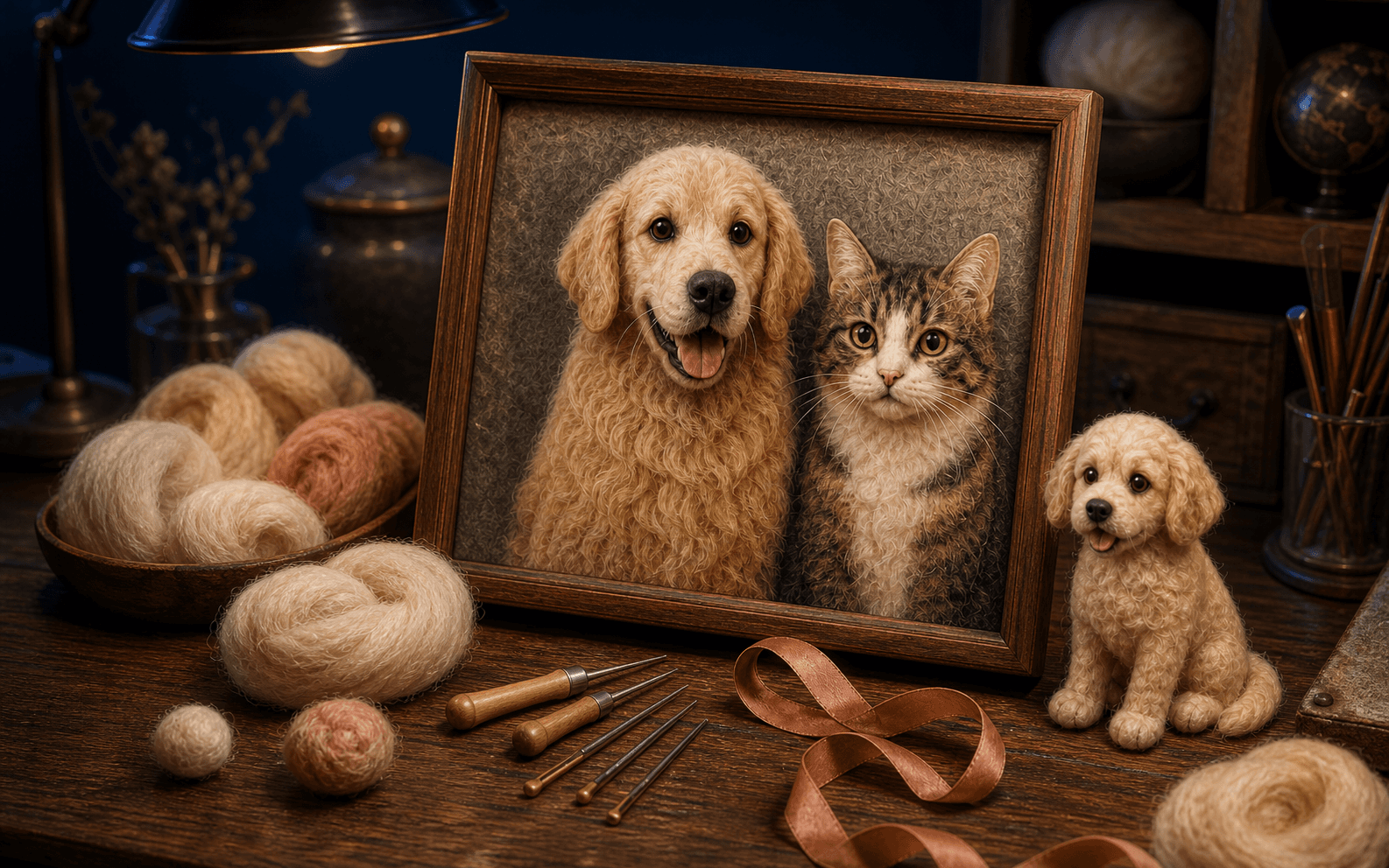 WoolenPet.com concept showing a framed wool-felt pet portrait, miniature dog, wool, and felting tools